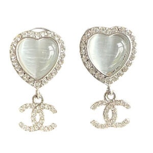 Sterling Silver CHANEL Opal Heart Crystal Dangle Earrings 23A (CHXX010)